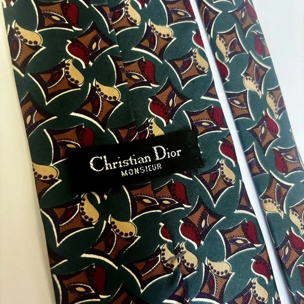 Christian Dior Monsieur Necktie 100% Silk Blue Red Tan Tie Made in USA Vintage